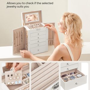 SONGMICS 6-Layer Jewelry Box Organizer with 5 Drawers, Jewelry Storage Case with Lock and Mirror, Large Storage Capacity, Gift for Loved Ones, for Necklaces, Watches - 5