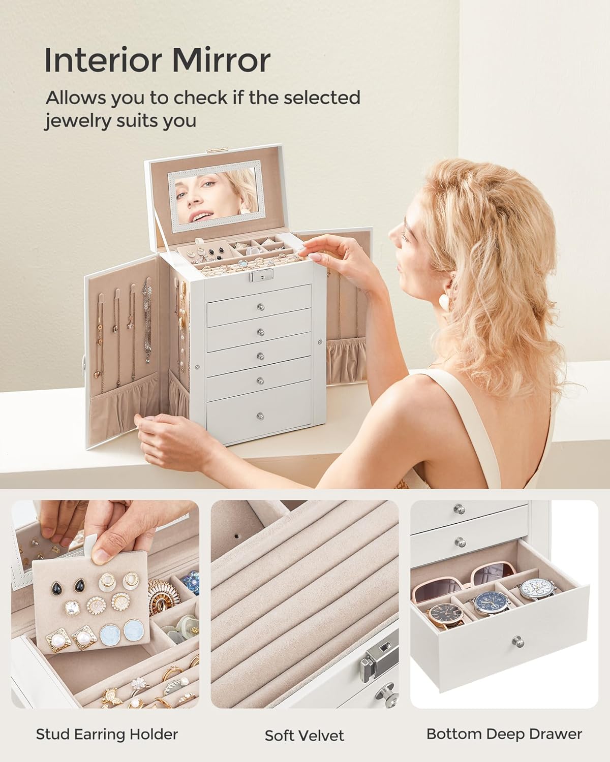 SONGMICS 6-Layer Jewelry Box Organizer with 5 Drawers, Jewelry Storage Case with Lock and Mirror, Large Storage Capacity, Gift for Loved Ones, for Necklaces, Watches - 5