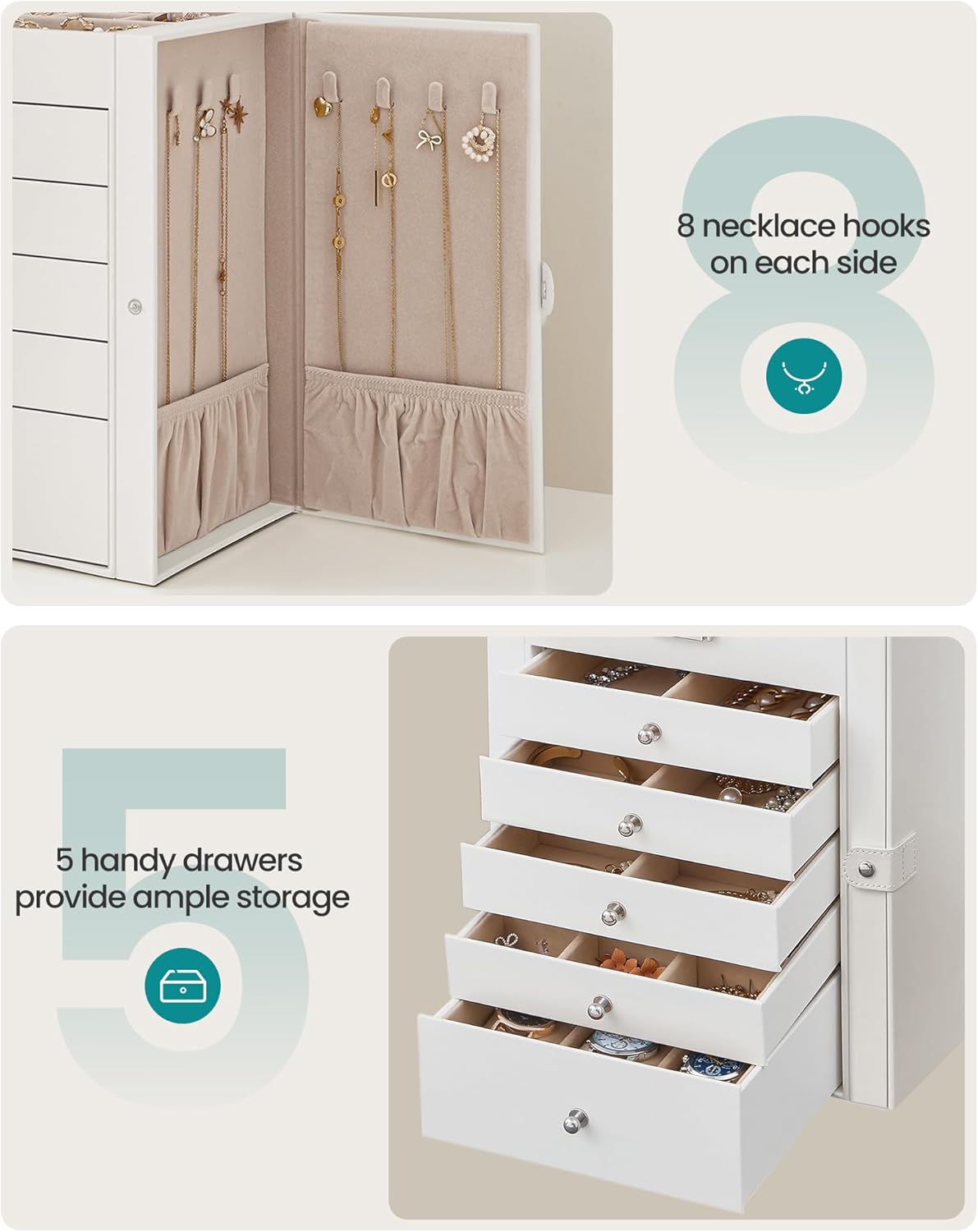 SONGMICS 6-Layer Jewelry Box Organizer with 5 Drawers, Jewelry Storage Case with Lock and Mirror, Large Storage Capacity, Gift for Loved Ones, for Necklaces, Watches - 8