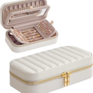 SONGMICS HOME Travel Jewelry Case, Travel Jewelry Box Organizer with Mirror, 4.1 x 8 x 2.4 Inches, Stitching, Portable, Gift Idea, Cloud White UJBC180W01 - 1
