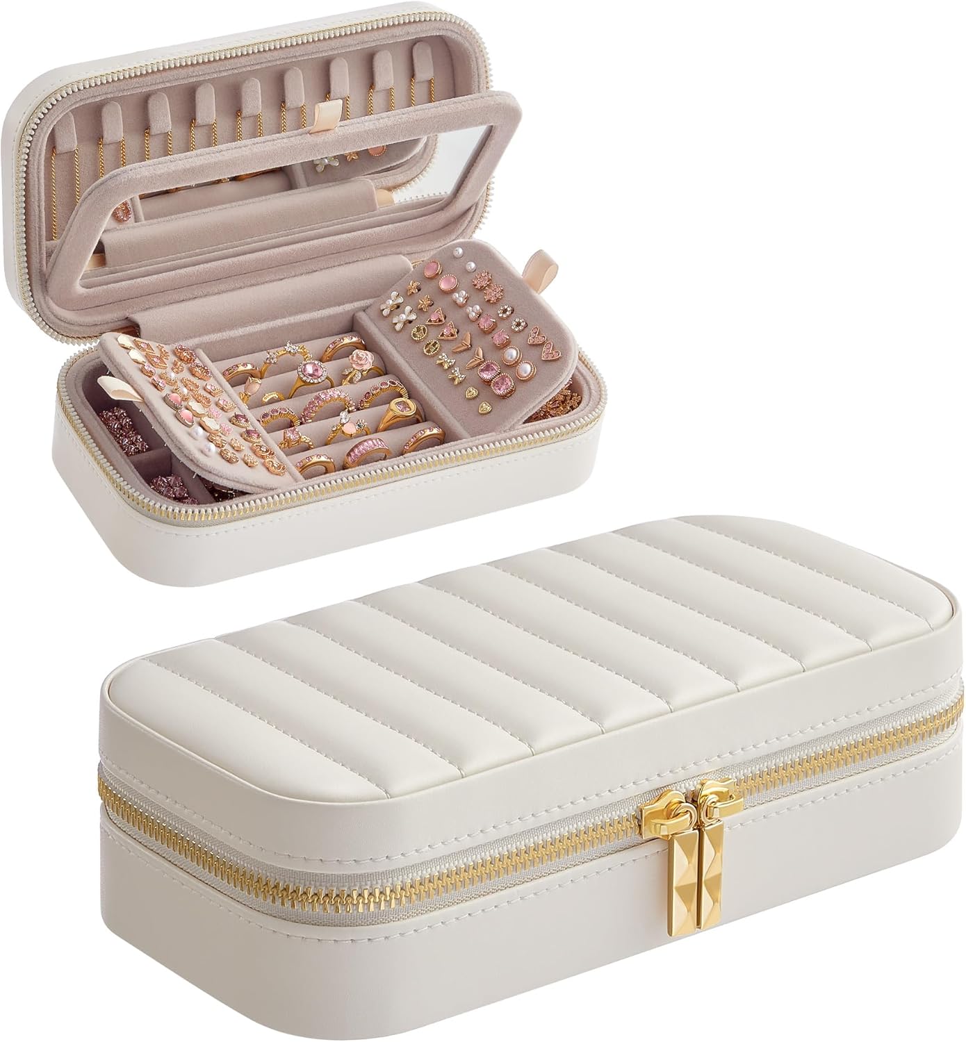 SONGMICS HOME Travel Jewelry Case, Travel Jewelry Box Organizer with Mirror, 4.1 x 8 x 2.4 Inches, Stitching, Portable, Gift Idea, Cloud White UJBC180W01 - 1