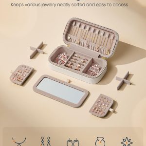 SONGMICS HOME Travel Jewelry Case, Travel Jewelry Box Organizer with Mirror, 4.1 x 8 x 2.4 Inches, Stitching, Portable, Gift Idea, Cloud White UJBC180W01 - 3