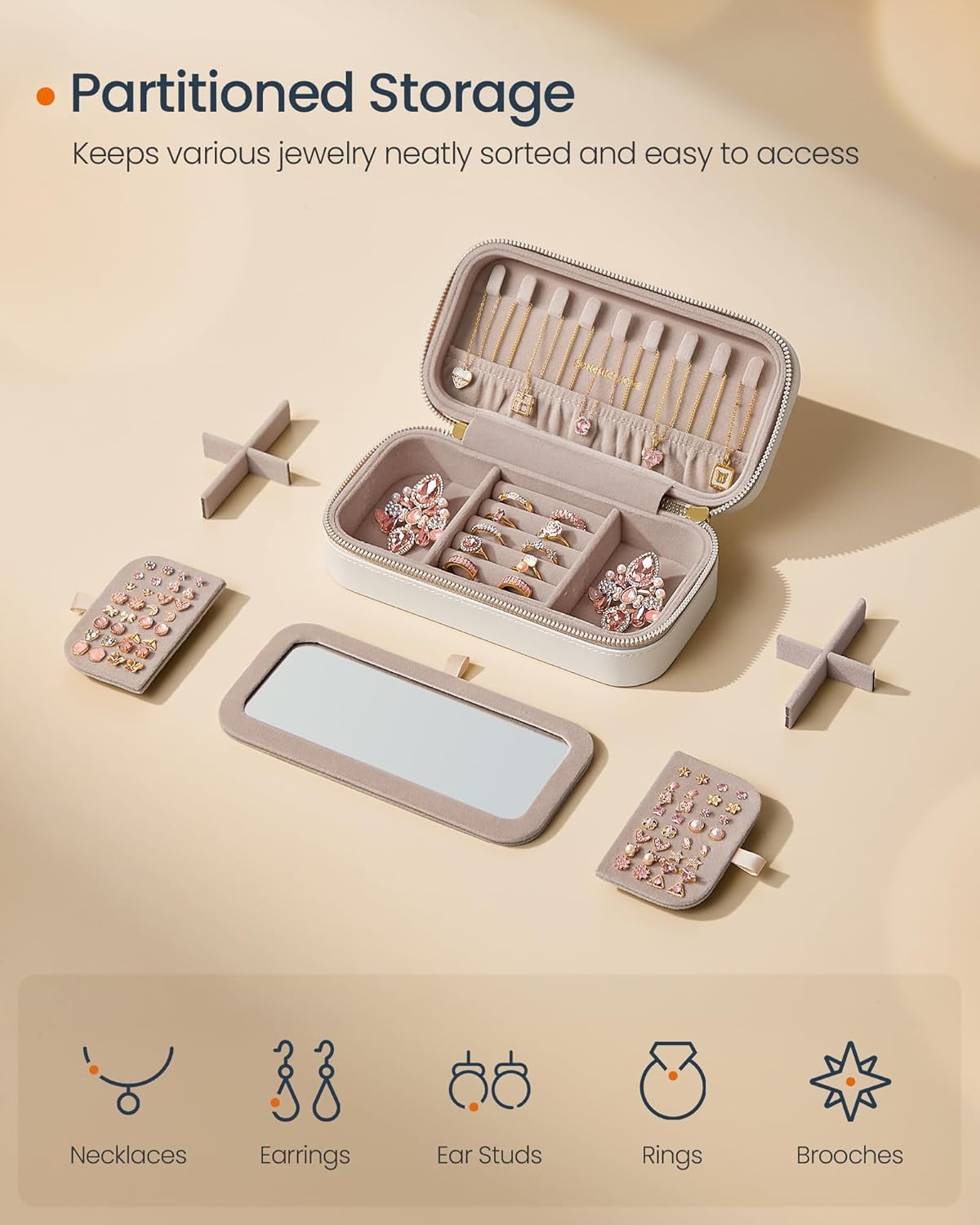 SONGMICS HOME Travel Jewelry Case, Travel Jewelry Box Organizer with Mirror, 4.1 x 8 x 2.4 Inches, Stitching, Portable, Gift Idea, Cloud White UJBC180W01 - 3
