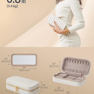 SONGMICS HOME Travel Jewelry Case, Travel Jewelry Box Organizer with Mirror, 4.1 x 8 x 2.4 Inches, Stitching, Portable, Gift Idea, Cloud White UJBC180W01 - 5