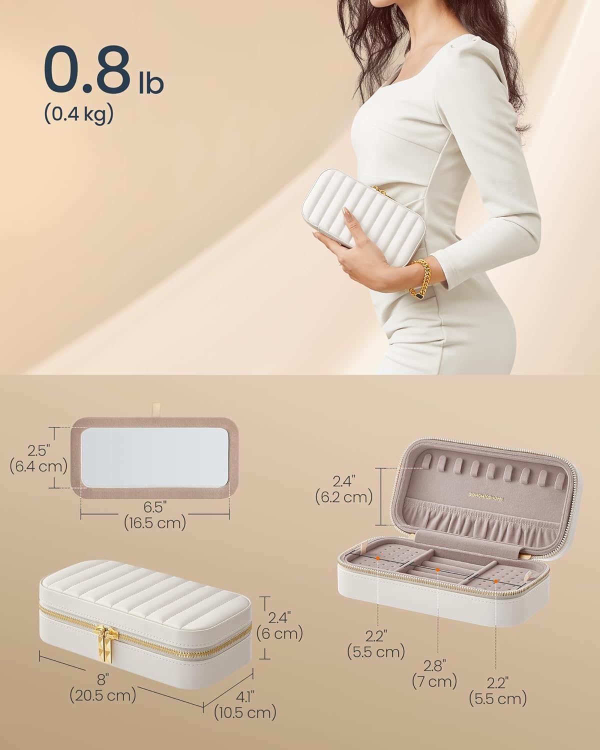 SONGMICS HOME Travel Jewelry Case, Travel Jewelry Box Organizer with Mirror, 4.1 x 8 x 2.4 Inches, Stitching, Portable, Gift Idea, Cloud White UJBC180W01 - 5