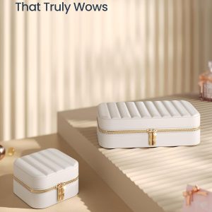 SONGMICS HOME Travel Jewelry Case, Travel Jewelry Box Organizer with Mirror, 4.1 x 8 x 2.4 Inches, Stitching, Portable, Gift Idea, Cloud White UJBC180W01 - 6