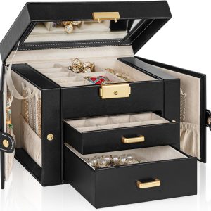 TORIBIO Jewelry Box for Women, Leather Jewelry Organizer with Mirror & Lock, 3-Tier Jewelry Storage Organizer with 2 Drawers for Girls-Women-Mothers, Necklace Earring Bracelets Holder Organizer - 1