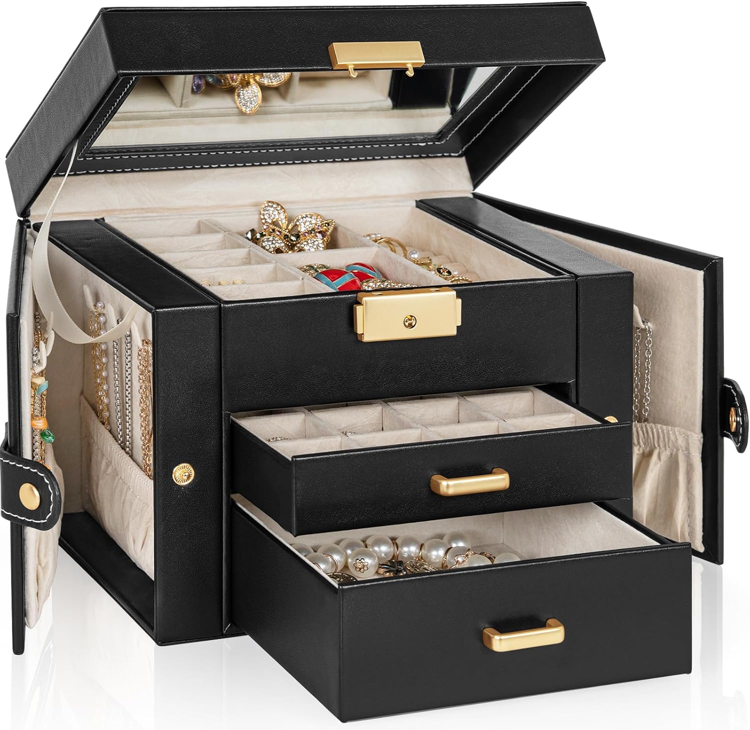 TORIBIO Jewelry Box for Women, Leather Jewelry Organizer with Mirror & Lock, 3-Tier Jewelry Storage Organizer with 2 Drawers for Girls-Women-Mothers, Necklace Earring Bracelets Holder Organizer - 1