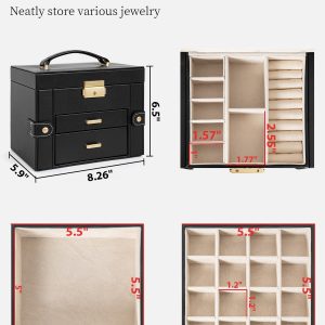 TORIBIO Jewelry Box for Women, Leather Jewelry Organizer with Mirror & Lock, 3-Tier Jewelry Storage Organizer with 2 Drawers for Girls-Women-Mothers, Necklace Earring Bracelets Holder Organizer - 2