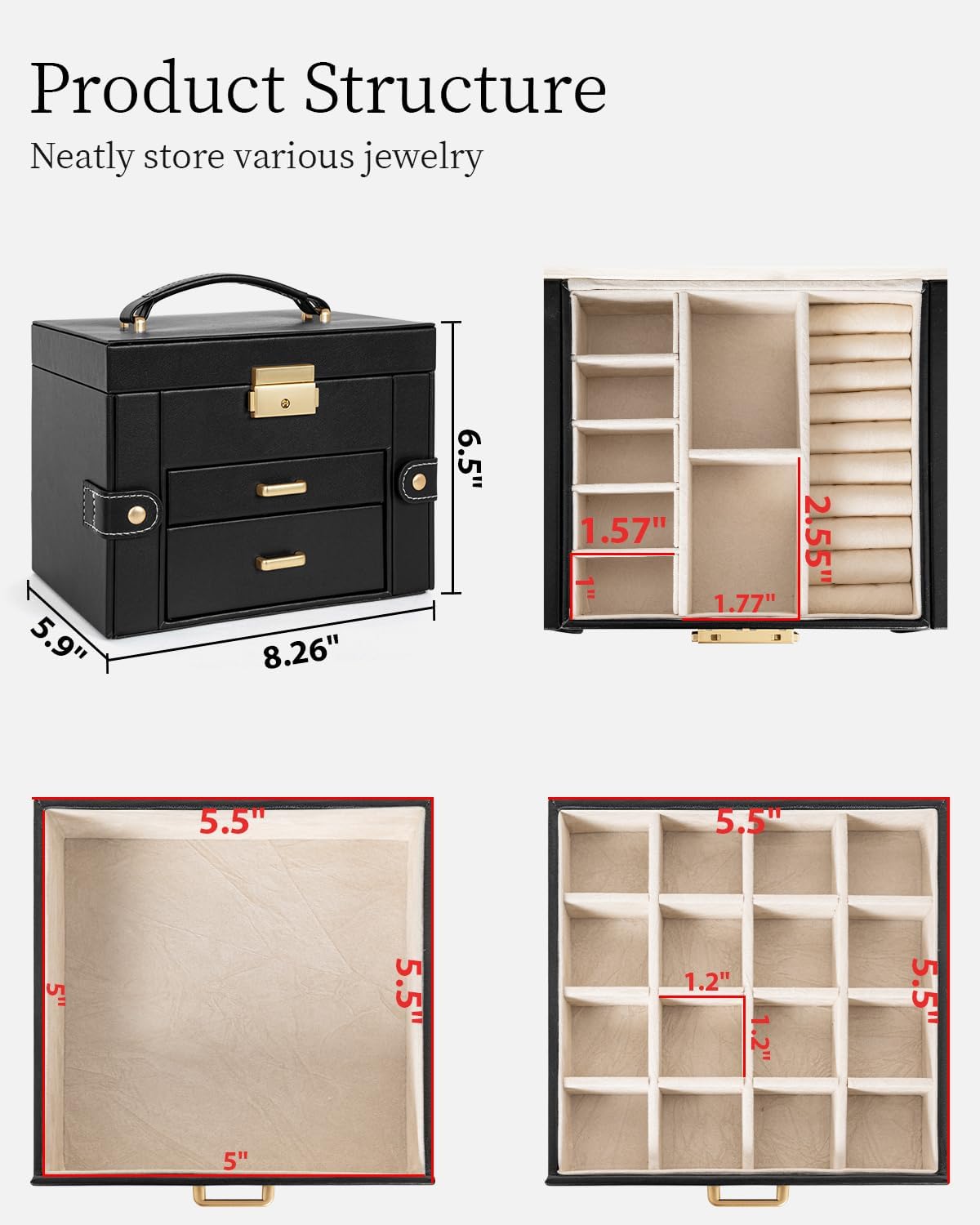 TORIBIO Jewelry Box for Women, Leather Jewelry Organizer with Mirror & Lock, 3-Tier Jewelry Storage Organizer with 2 Drawers for Girls-Women-Mothers, Necklace Earring Bracelets Holder Organizer - 2