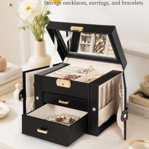 TORIBIO Jewelry Box for Women, Leather Jewelry Organizer with Mirror & Lock, 3-Tier Jewelry Storage Organizer with 2 Drawers for Girls-Women-Mothers, Necklace Earring Bracelets Holder Organizer - 3