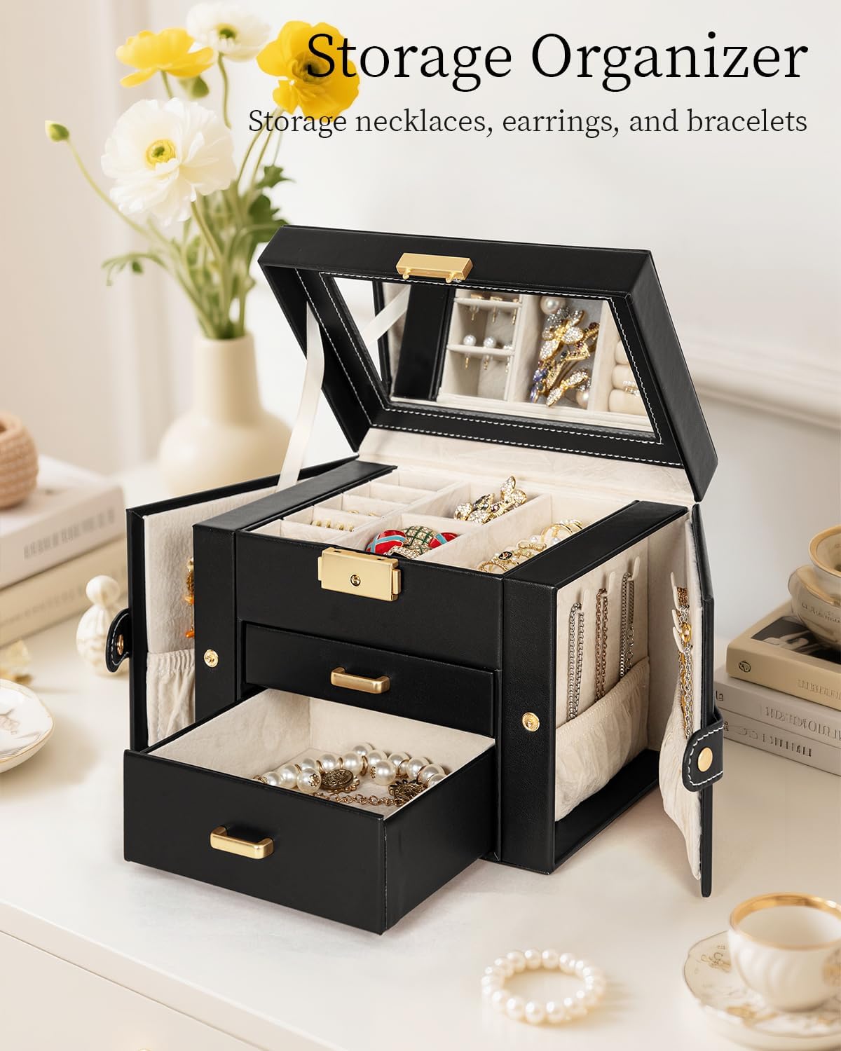 TORIBIO Jewelry Box for Women, Leather Jewelry Organizer with Mirror & Lock, 3-Tier Jewelry Storage Organizer with 2 Drawers for Girls-Women-Mothers, Necklace Earring Bracelets Holder Organizer - 3