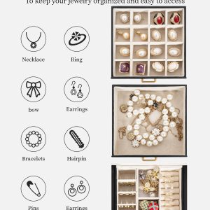 TORIBIO Jewelry Box for Women, Leather Jewelry Organizer with Mirror & Lock, 3-Tier Jewelry Storage Organizer with 2 Drawers for Girls-Women-Mothers, Necklace Earring Bracelets Holder Organizer - 4