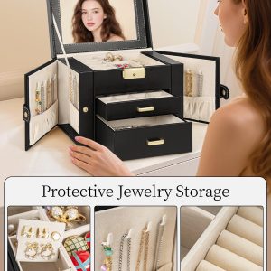 TORIBIO Jewelry Box for Women, Leather Jewelry Organizer with Mirror & Lock, 3-Tier Jewelry Storage Organizer with 2 Drawers for Girls-Women-Mothers, Necklace Earring Bracelets Holder Organizer - 5