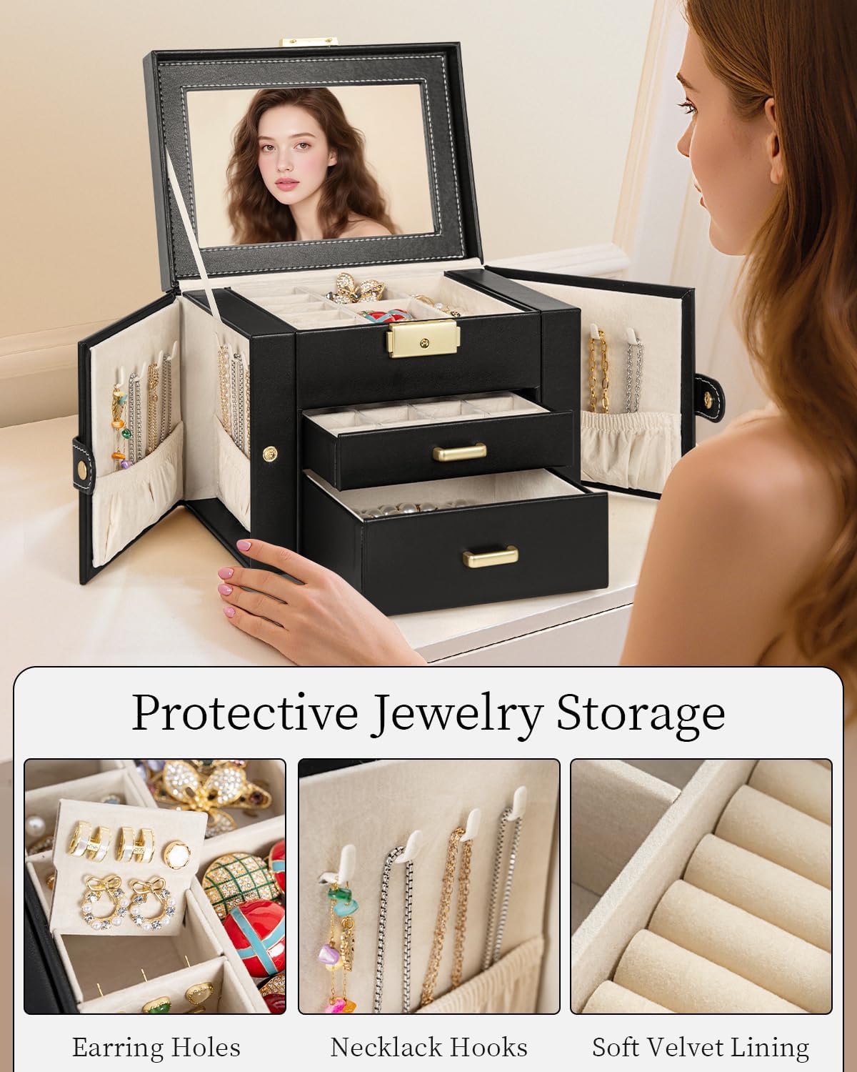 TORIBIO Jewelry Box for Women, Leather Jewelry Organizer with Mirror & Lock, 3-Tier Jewelry Storage Organizer with 2 Drawers for Girls-Women-Mothers, Necklace Earring Bracelets Holder Organizer - 5
