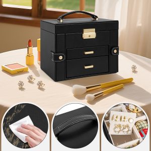 TORIBIO Jewelry Box for Women, Leather Jewelry Organizer with Mirror & Lock, 3-Tier Jewelry Storage Organizer with 2 Drawers for Girls-Women-Mothers, Necklace Earring Bracelets Holder Organizer - 6