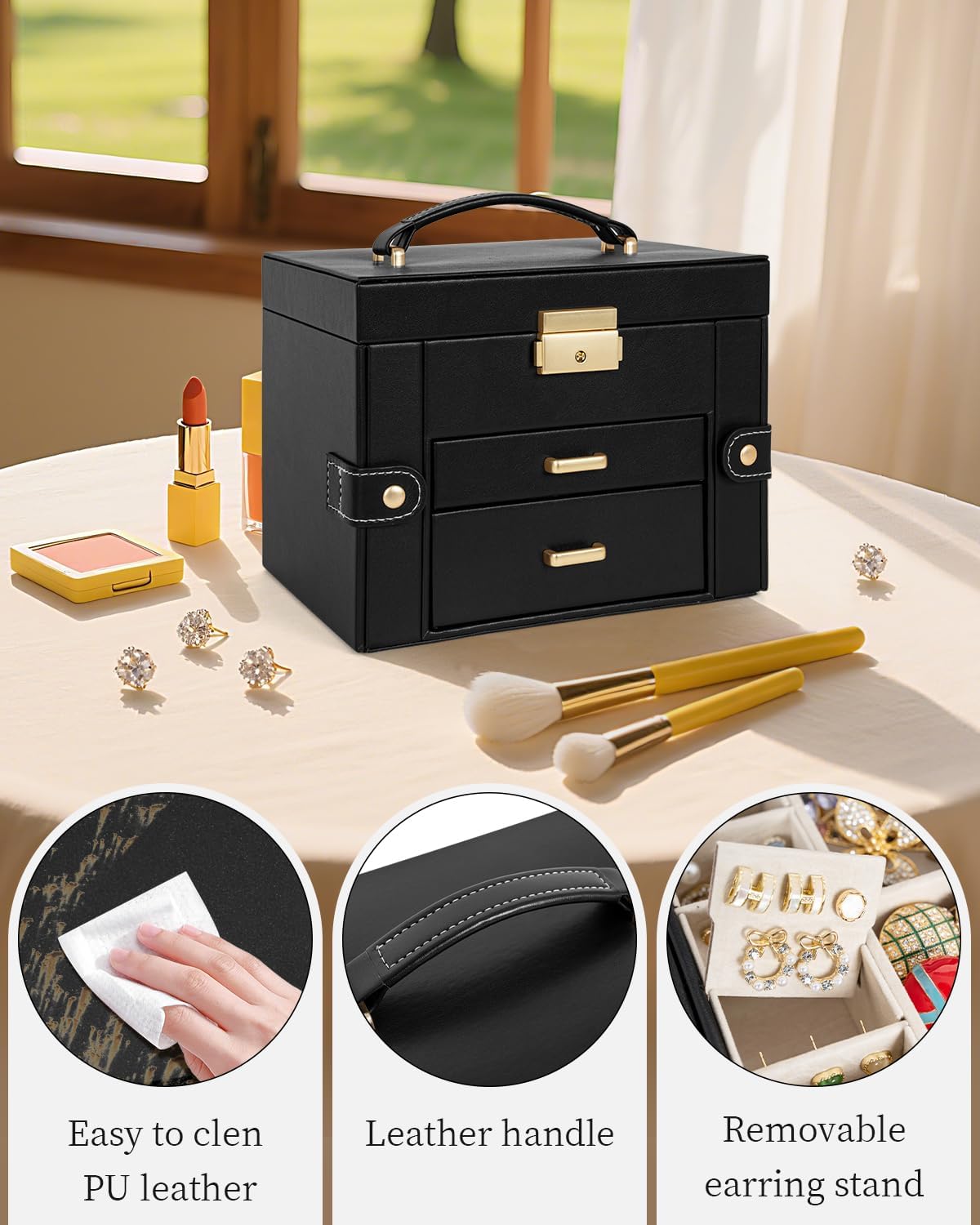 TORIBIO Jewelry Box for Women, Leather Jewelry Organizer with Mirror & Lock, 3-Tier Jewelry Storage Organizer with 2 Drawers for Girls-Women-Mothers, Necklace Earring Bracelets Holder Organizer - 6