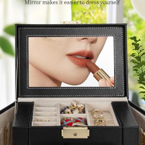 TORIBIO Jewelry Box for Women, Leather Jewelry Organizer with Mirror & Lock, 3-Tier Jewelry Storage Organizer with 2 Drawers for Girls-Women-Mothers, Necklace Earring Bracelets Holder Organizer - 7