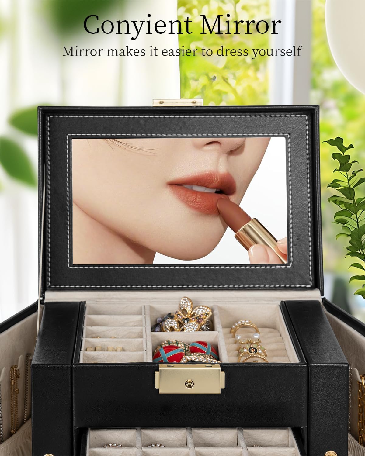 TORIBIO Jewelry Box for Women, Leather Jewelry Organizer with Mirror & Lock, 3-Tier Jewelry Storage Organizer with 2 Drawers for Girls-Women-Mothers, Necklace Earring Bracelets Holder Organizer - 7