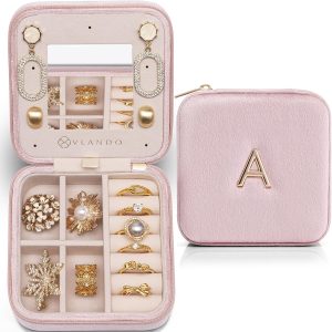 Vlando Valentines Day Gifts for Her, Travel Jewelry Case for Women, A Initial Jewelry Case, Mini Jewelry Travel Organizer Travel Essentials for Travel Gift Teen Girls - 1