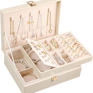 Voova Jewelry Box Organizer for Women Girls, 2 Layer Large Men Jewelry Storage Case, PU Leather Display Jewellery Holder with Removable Tray for Necklace Earrings Rings Bracelets - 1