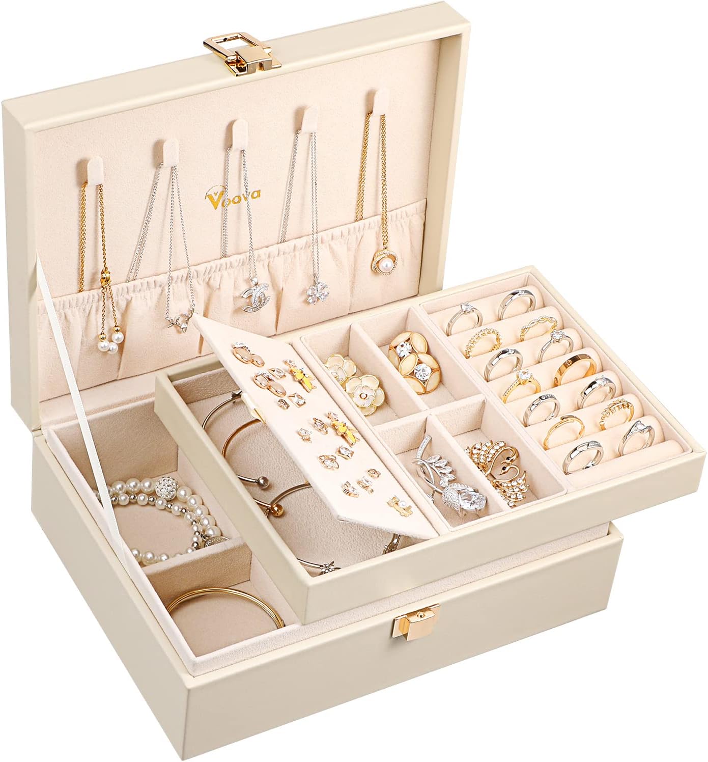 Voova Jewelry Box Organizer for Women Girls, 2 Layer Large Men Jewelry Storage Case, PU Leather Display Jewellery Holder with Removable Tray for Necklace Earrings Rings Bracelets - 1