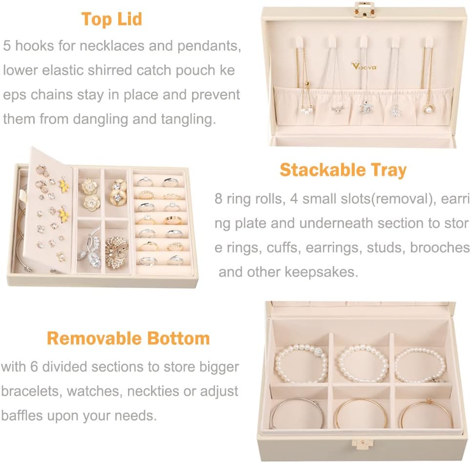 Voova Jewelry Box Organizer for Women Girls, 2 Layer Large Men Jewelry Storage Case, PU Leather Display Jewellery Holder with Removable Tray for Necklace Earrings Rings Bracelets - 2