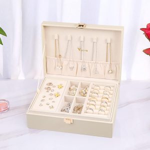 Voova Jewelry Box Organizer for Women Girls, 2 Layer Large Men Jewelry Storage Case, PU Leather Display Jewellery Holder with Removable Tray for Necklace Earrings Rings Bracelets - 4