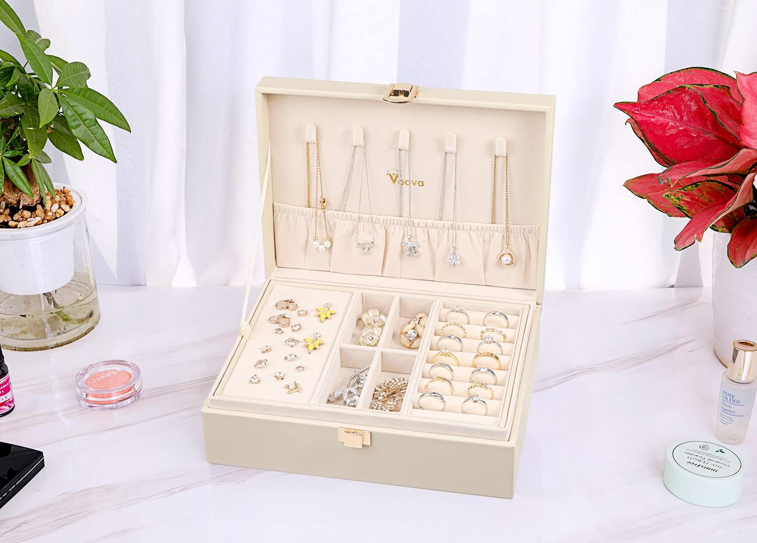Voova Jewelry Box Organizer for Women Girls, 2 Layer Large Men Jewelry Storage Case, PU Leather Display Jewellery Holder with Removable Tray for Necklace Earrings Rings Bracelets - 4