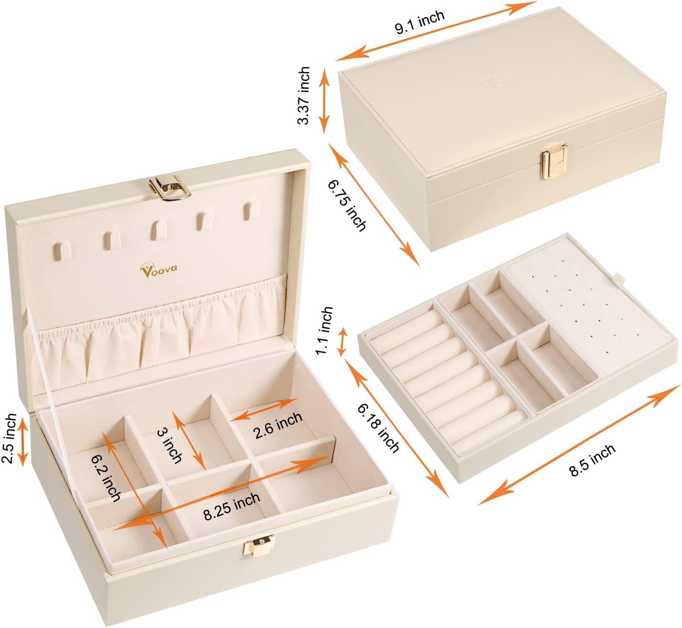 Voova Jewelry Box Organizer for Women Girls, 2 Layer Large Men Jewelry Storage Case, PU Leather Display Jewellery Holder with Removable Tray for Necklace Earrings Rings Bracelets - 7