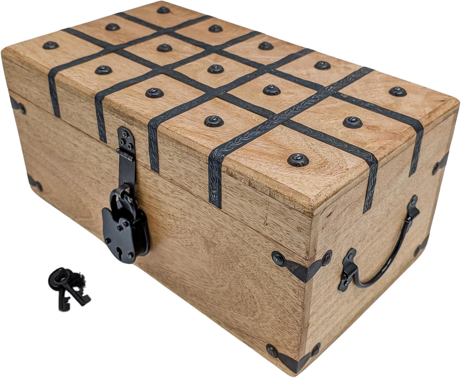 Handmade Pirate Treasure Chest - Rustic Decorative Jewelry - Wooden Storage Box with Iron Lock & Skeleton Key (XL 14.5 x 8 x 7) - 1