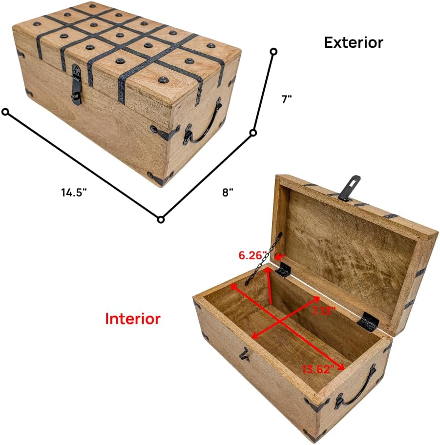 Handmade Pirate Treasure Chest - Rustic Decorative Jewelry - Wooden Storage Box with Iron Lock & Skeleton Key (XL 14.5 x 8 x 7) - 2