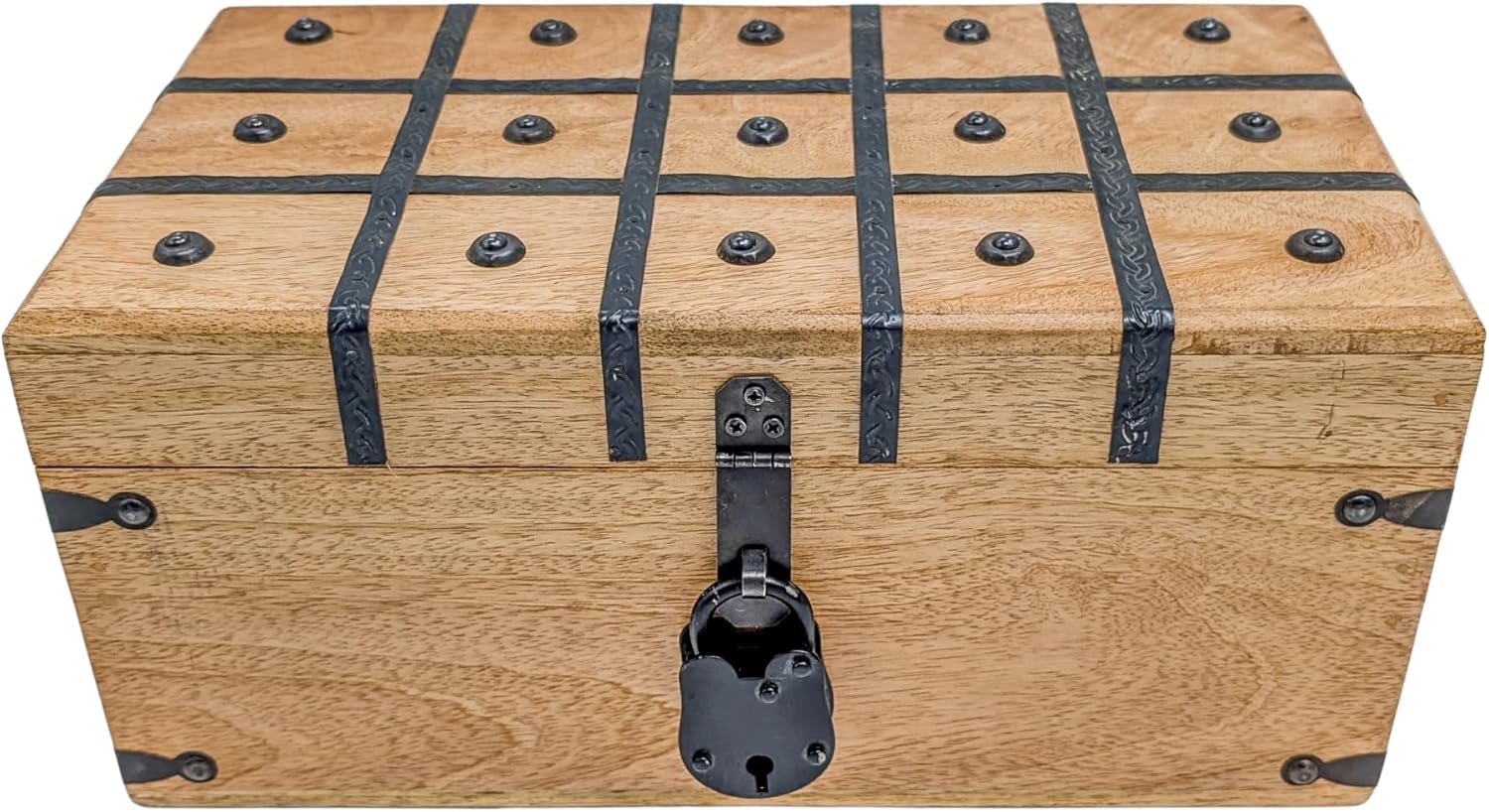Handmade Pirate Treasure Chest - Rustic Decorative Jewelry - Wooden Storage Box with Iron Lock & Skeleton Key (XL 14.5 x 8 x 7) - 3