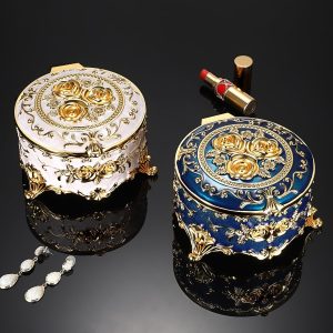 Hipiwe Round Jewery Box Metal Trinket Organizer Decorative Keepsake Box for Trrasure Ring Earring Holder Vintage Jewelry Display Case, Beige, 5.7 L x 5.1 W x 3.5 H - 8