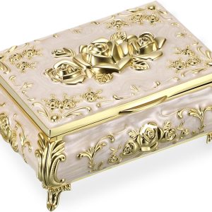 Hipiwe Vintage Jewelry Box Metal Trinket Chest Treasure Display Case for Rings Earrings Organizer Rectangular Decorative Keepsake Storage Box, Small - 1
