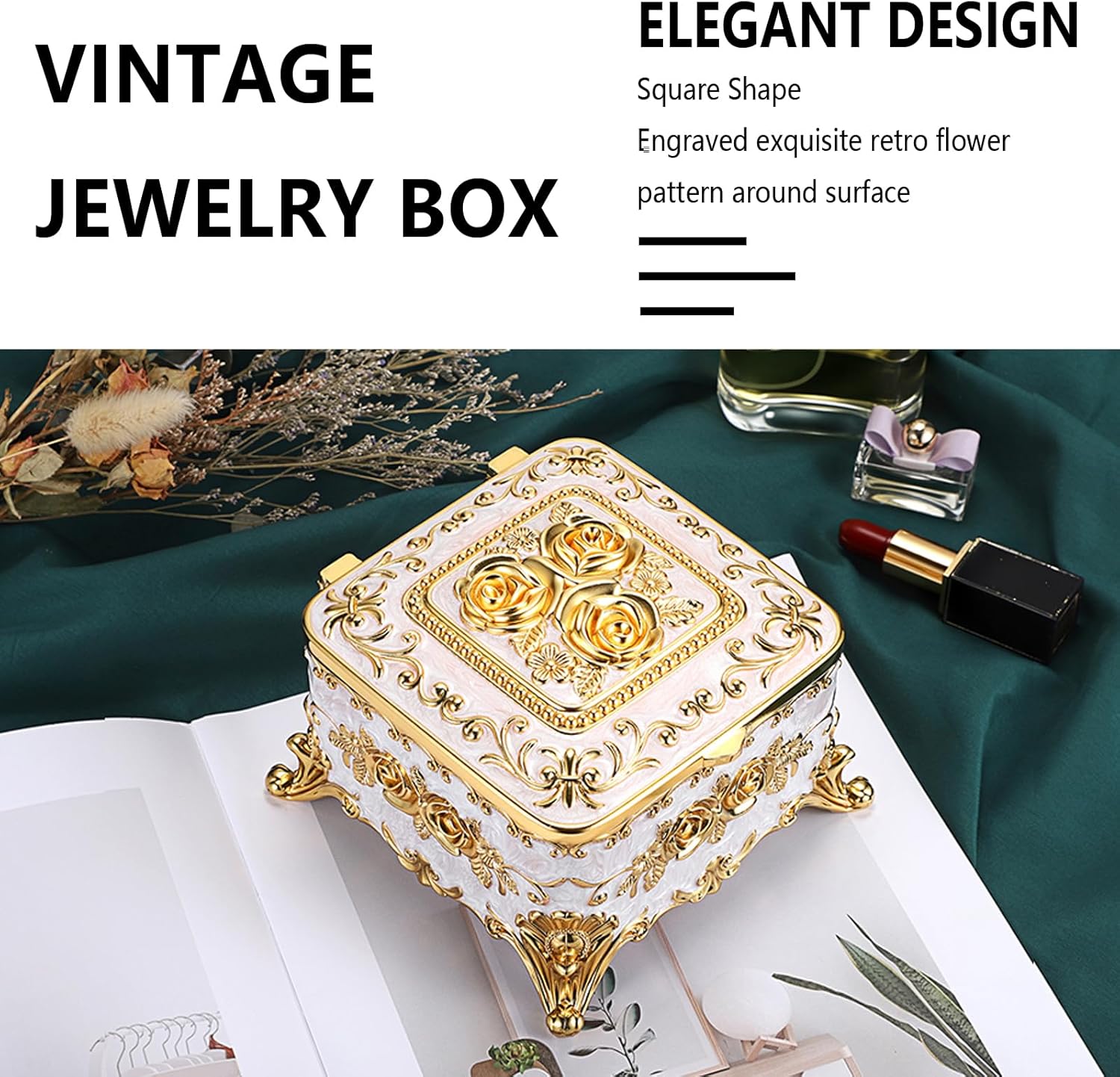 Hipiwe Vintage Jewelry Box Rectangular Trinket Chest Metal Treasure Holder for Ring Earrings Organizer Keepsake Box Gift for Woman, Beige, 5.1 L x 5.1 W x 3.1 H - 2
