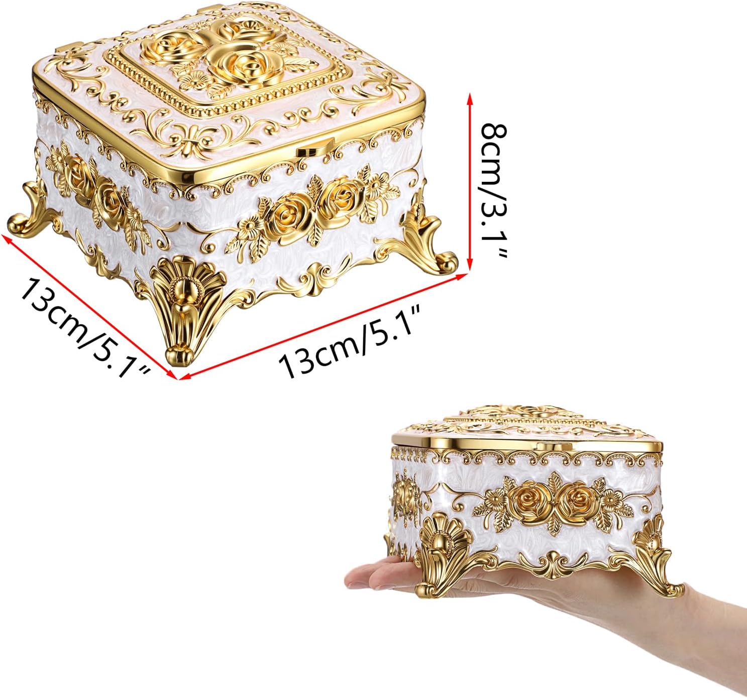 Hipiwe Vintage Jewelry Box Rectangular Trinket Chest Metal Treasure Holder for Ring Earrings Organizer Keepsake Box Gift for Woman, Beige, 5.1 L x 5.1 W x 3.1 H - 3