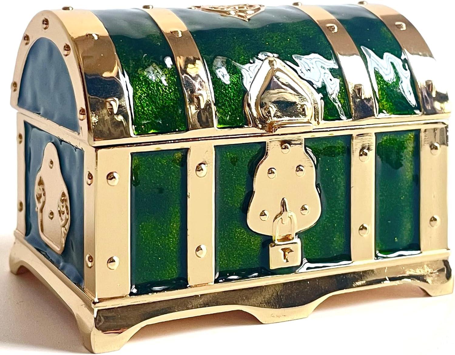 Retro Jewelry Box Arched Vintage Rectangular Metal Chest Necklace Ring Earrings Storage Case for Women Girls (Golden Transparent Green, S) - 1