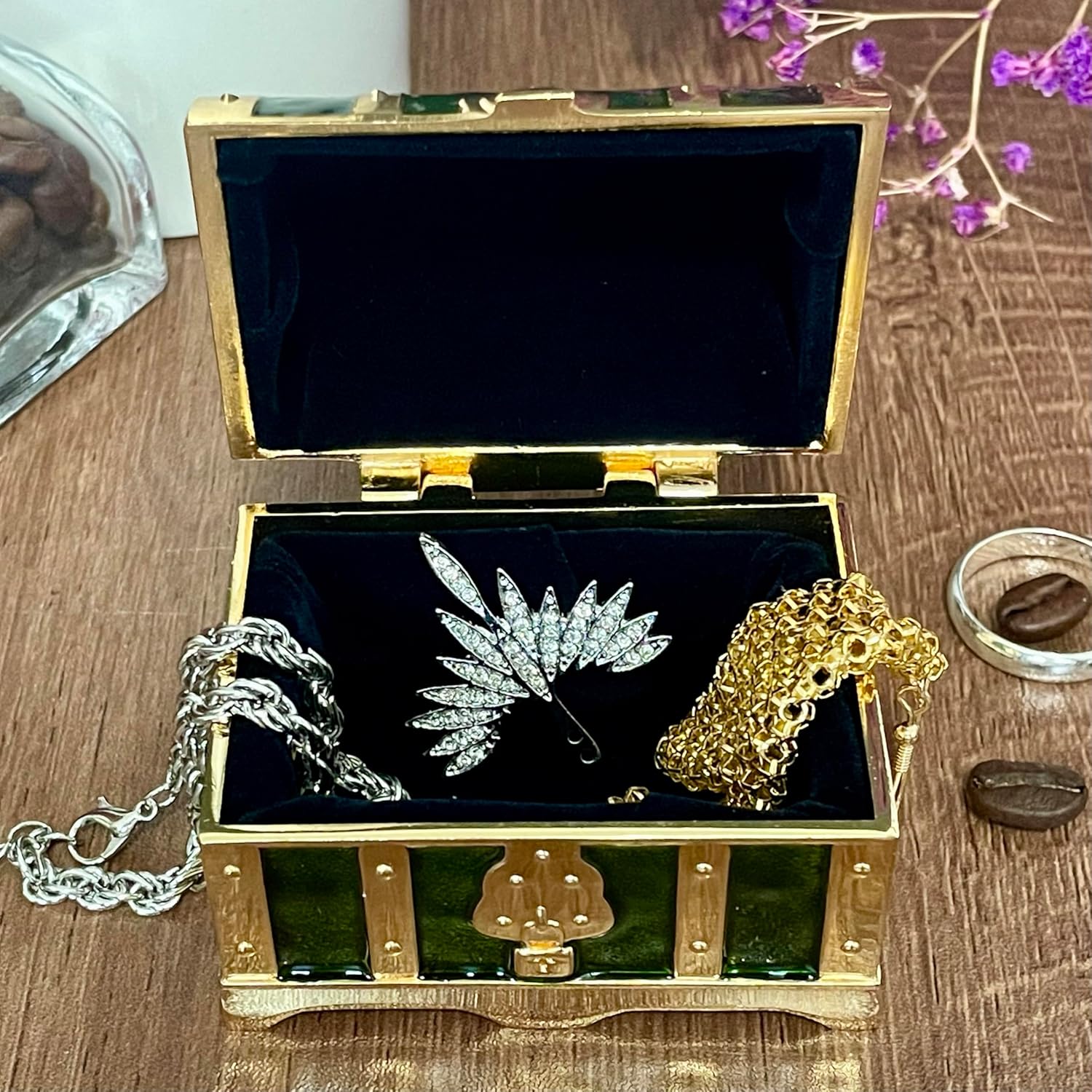 Retro Jewelry Box Arched Vintage Rectangular Metal Chest Necklace Ring Earrings Storage Case for Women Girls (Golden Transparent Green, S) - 2
