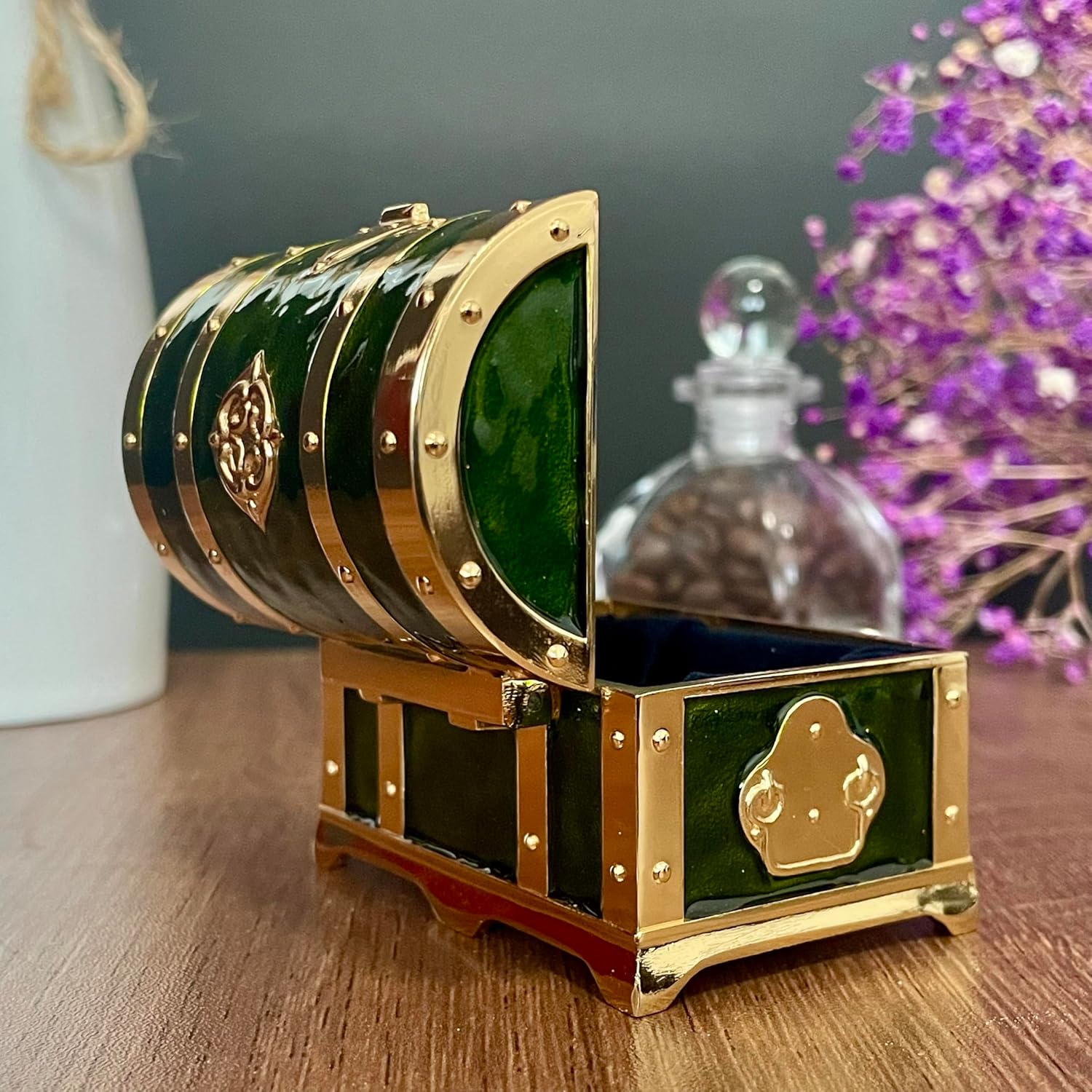 Retro Jewelry Box Arched Vintage Rectangular Metal Chest Necklace Ring Earrings Storage Case for Women Girls (Golden Transparent Green, S) - 5