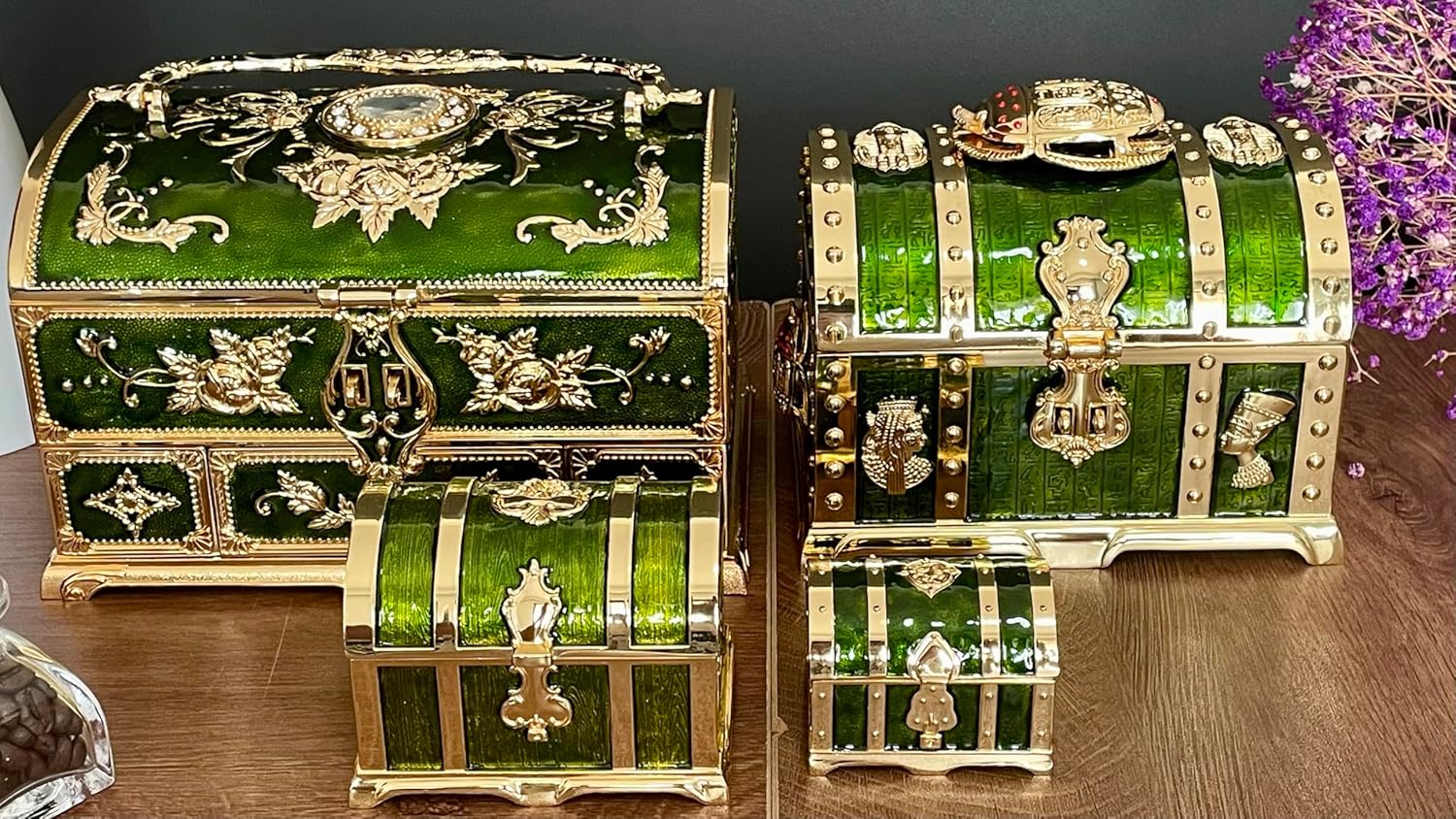 Retro Jewelry Box Arched Vintage Rectangular Metal Chest Necklace Ring Earrings Storage Case for Women Girls (Golden Transparent Green, S) - 6