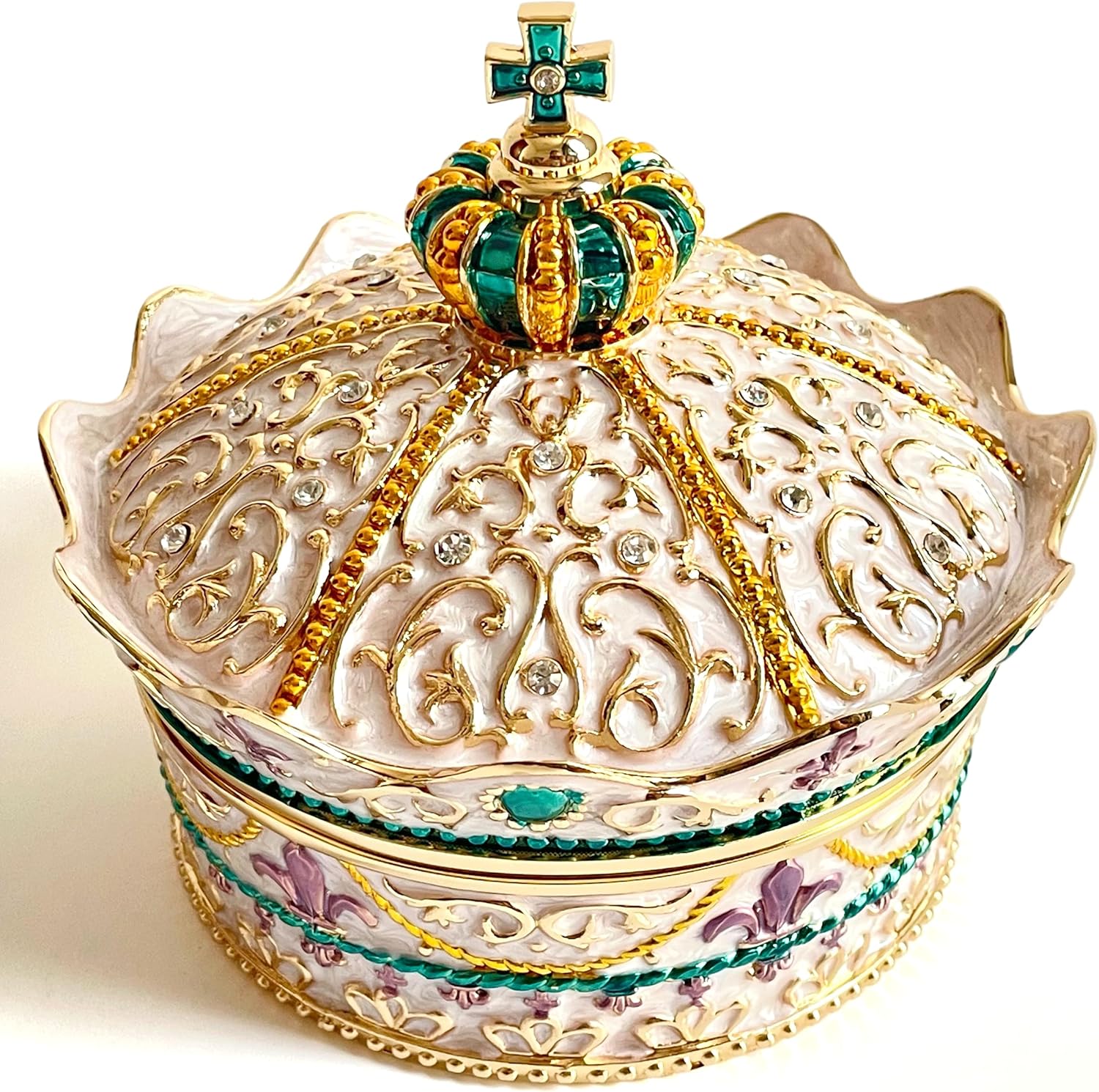 SIWOT Crown Design Jewelry Chest,Creative Vintage Metal Round Storage Box,Alloy Retro Patterned Gem Case (Golden White, Small) - 1