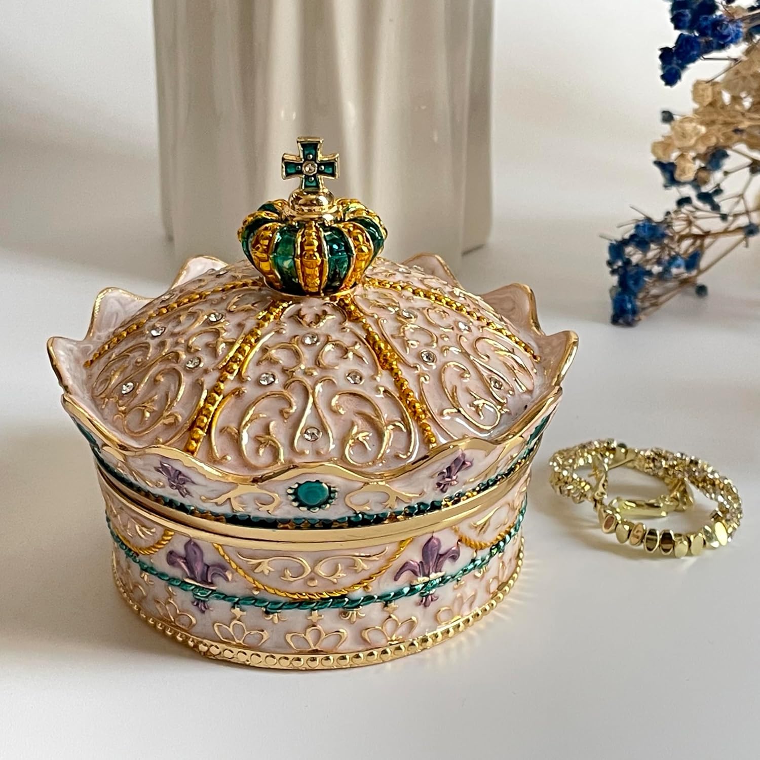SIWOT Crown Design Jewelry Chest,Creative Vintage Metal Round Storage Box,Alloy Retro Patterned Gem Case (Golden White, Small) - 2