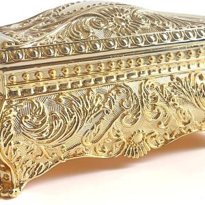 SIWOT Rectangular Classical Patterned Jewelry Box,Metal Retro European Scroll Design Treasure Storage Chest Case for Girls Women (Golden, Small) - 1
