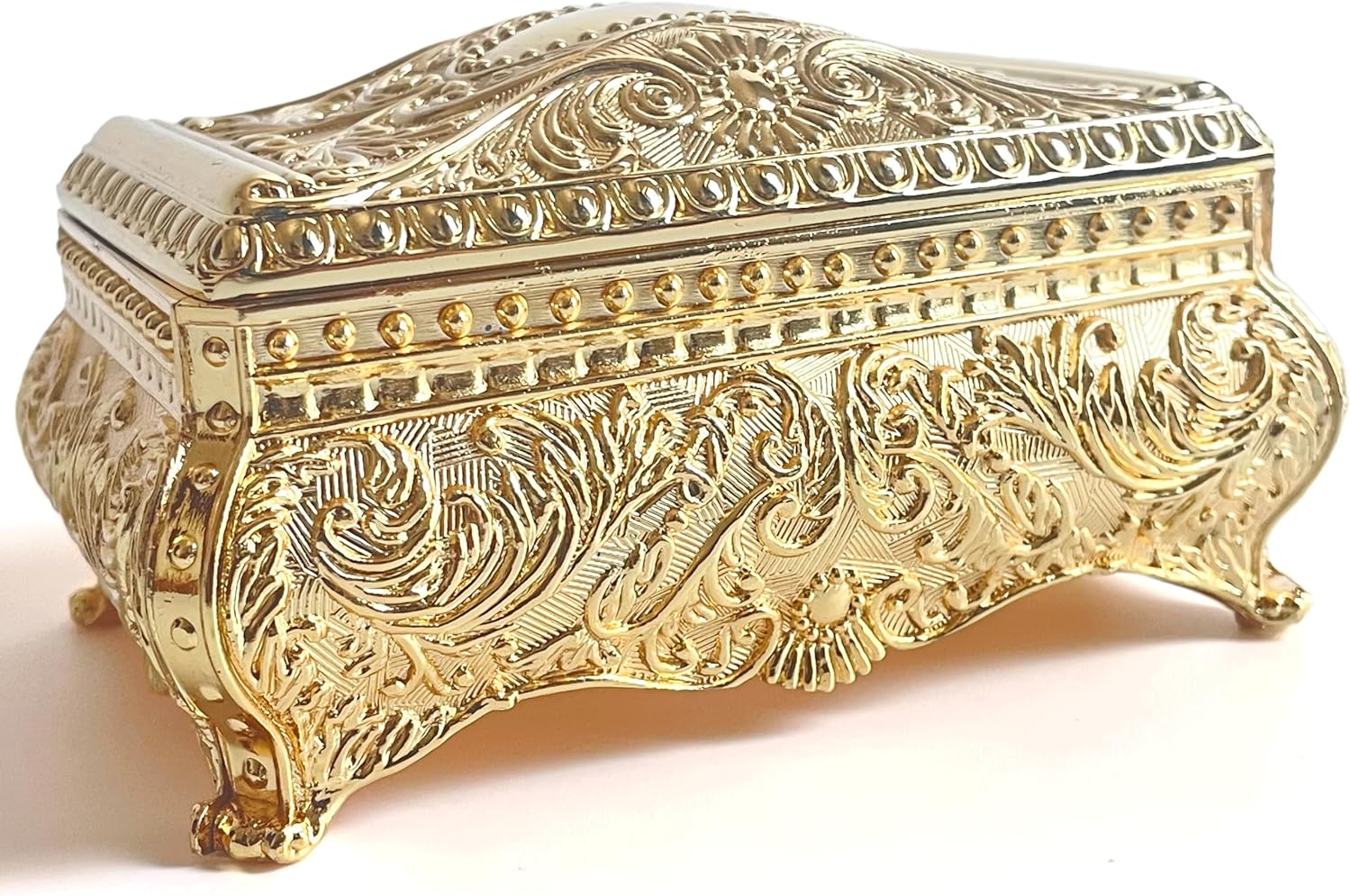 SIWOT Rectangular Classical Patterned Jewelry Box,Metal Retro European Scroll Design Treasure Storage Chest Case for Girls Women (Golden, Small) - 1