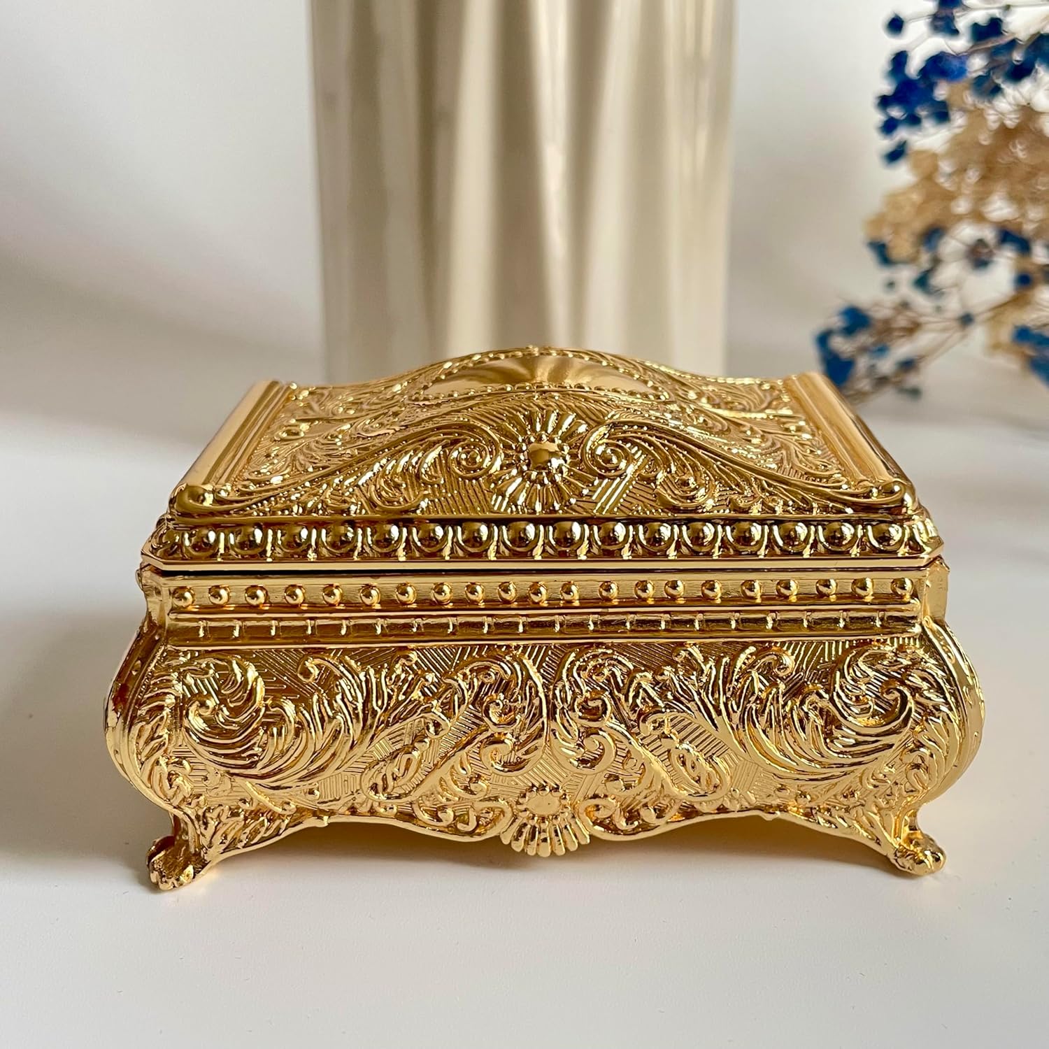 SIWOT Rectangular Classical Patterned Jewelry Box,Metal Retro European Scroll Design Treasure Storage Chest Case for Girls Women (Golden, Small) - 2