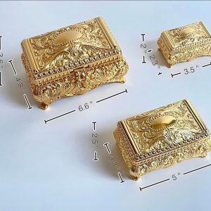SIWOT Rectangular Classical Patterned Jewelry Box,Metal Retro European Scroll Design Treasure Storage Chest Case for Girls Women (Golden, Small) - 3