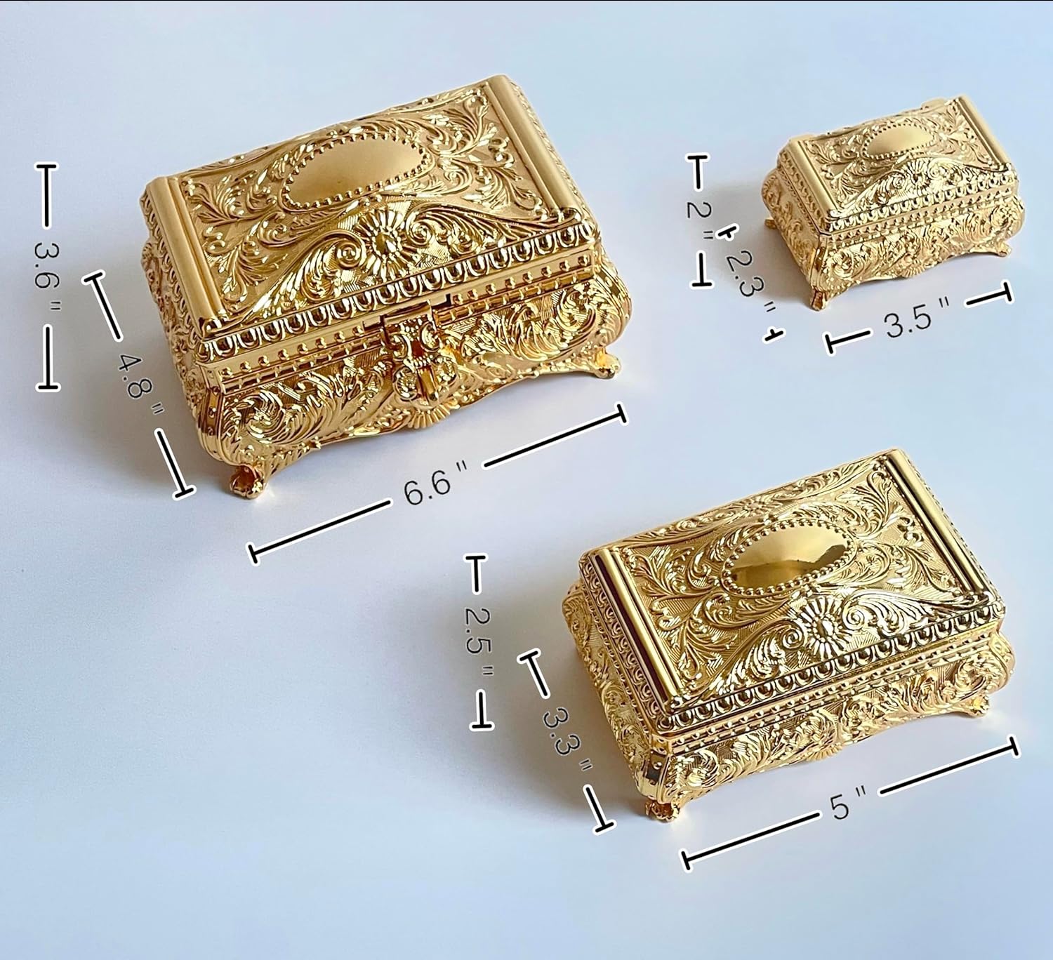 SIWOT Rectangular Classical Patterned Jewelry Box,Metal Retro European Scroll Design Treasure Storage Chest Case for Girls Women (Golden, Small) - 3