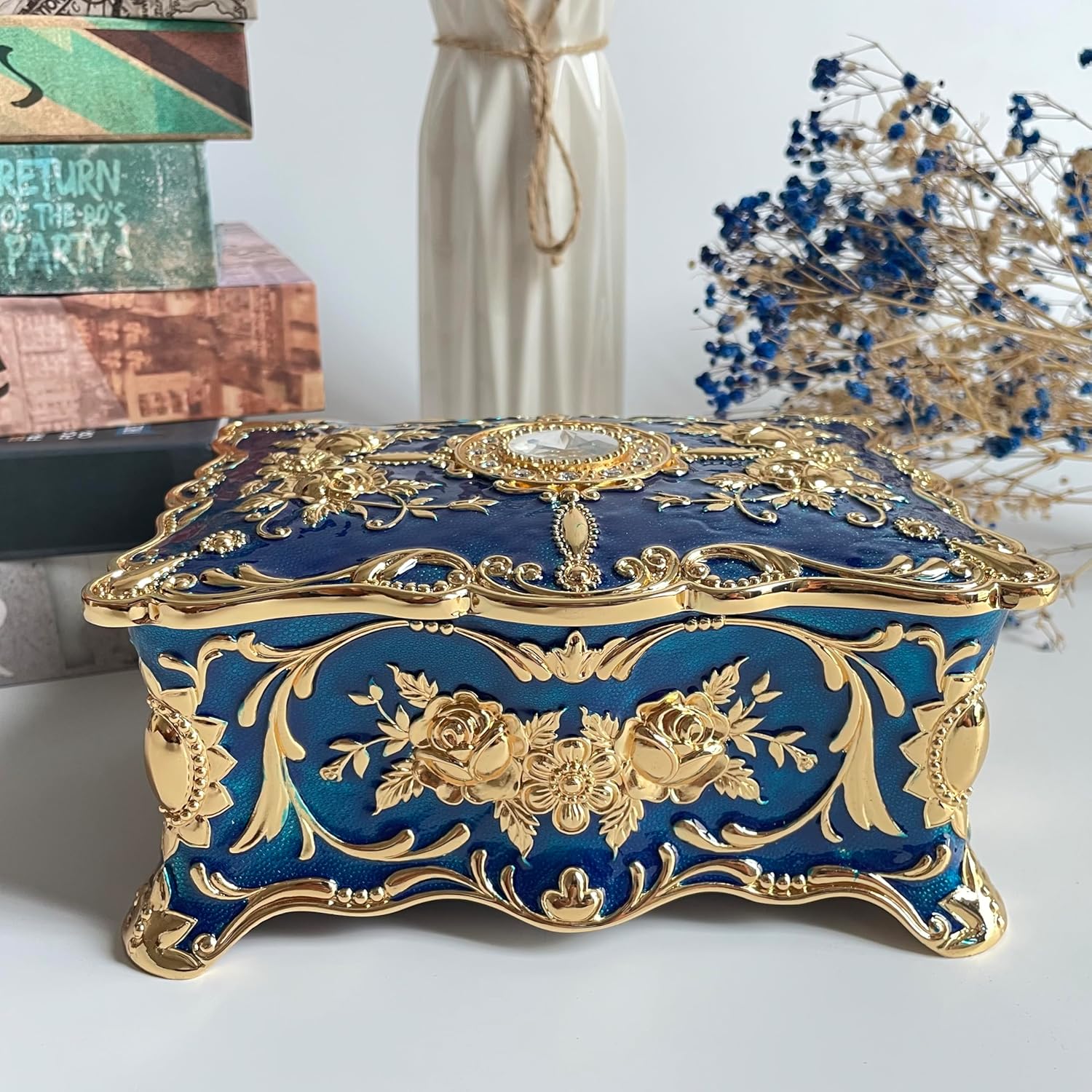 Truewon Jewelry Chest Rose Pastoral Style Metal Box Trinket Vintage Trinket Gemstone Storage Tray Treasure Souvenir Gift Case for Girls Women (Golden Blue, Large) - 2