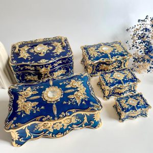 Truewon Jewelry Chest Rose Pastoral Style Metal Box Trinket Vintage Trinket Gemstone Storage Tray Treasure Souvenir Gift Case for Girls Women (Golden Blue, Large) - 6
